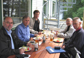 Guidance Committee TR-steel at meeting on Getfoten 2004-08-25. From left Lars Svedje, MVR; Goran Alpsten, StBK; Anders Olsson, SBI; Jerker Axén, Stockholms Stadsbyggnadskontor and Bertil Hagstad, SBS/Nordcert. Missing are Bjorn Christensson, Banverket and Kenth Ekstrand, Stalab