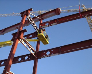 Erection of steel frame of Pier F, Arlanda Airport, where StBK has performed inspection at fabrication and erection, for Luftfartsverket