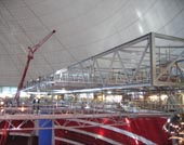 Frontal truss of new overhead service platform at the Globe